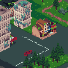 Pixel art of a dystopian landscape